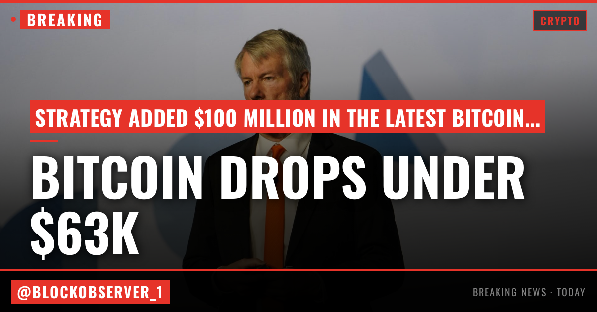 Live updates: Bitcoin drops under $63,000 as Strategy adds $100 million BTC in latest purchase
