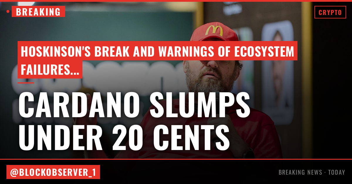 Cardano slumps under 20 cents as Hoskinson says he is 'taking a break' after warning of ecosystem failures