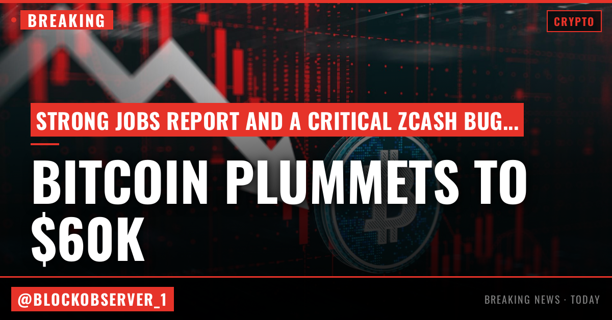 Live updates: bitcoin tumbles to $60,000 as blowout jobs data, Zcash bug keeps pressure on crypto